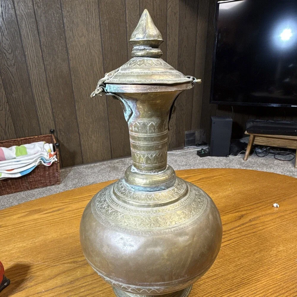 Antique Indo-Persian Engraved Brass Lidded Vessel or Water Ewer